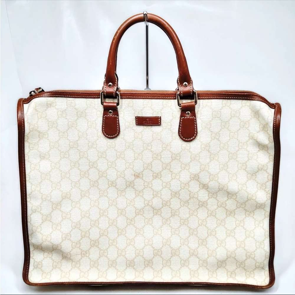GUCCI GG Supreme Cream&Brown Leather Joy Tote